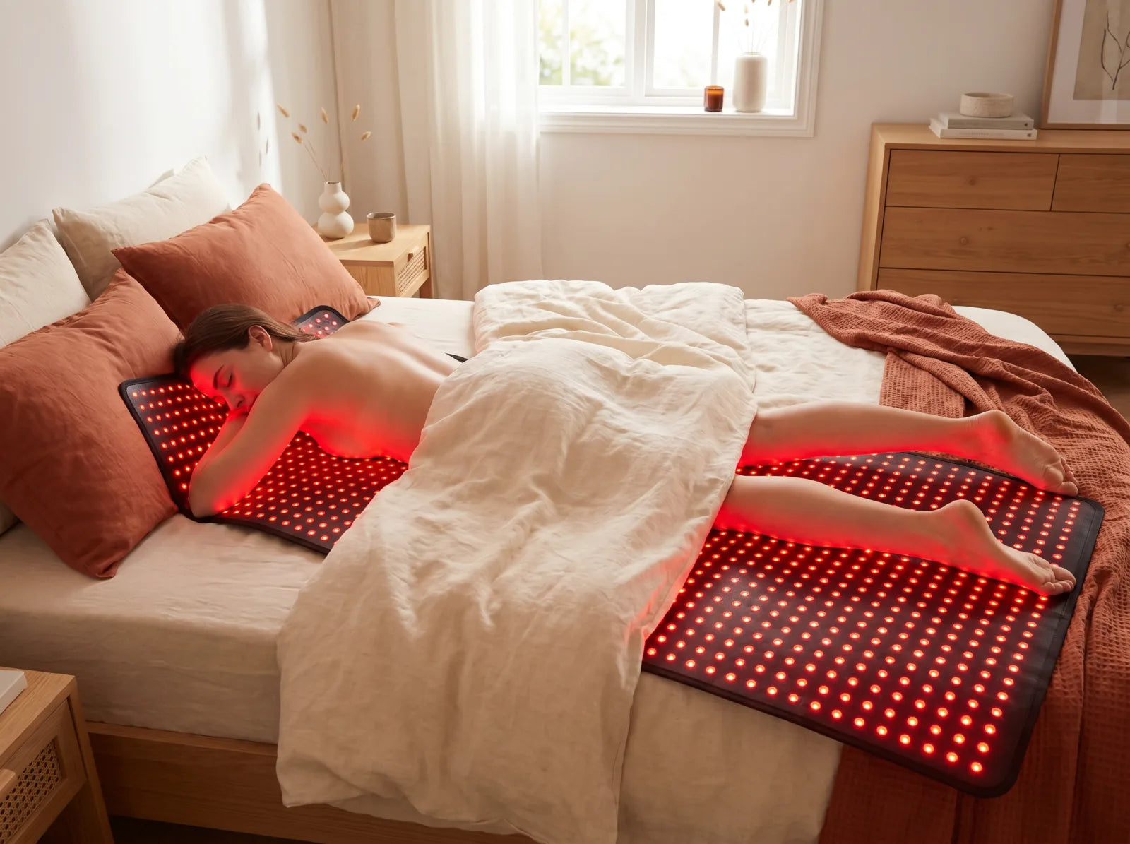 Woman lying on an illuminated full-body red light therapy mat at home