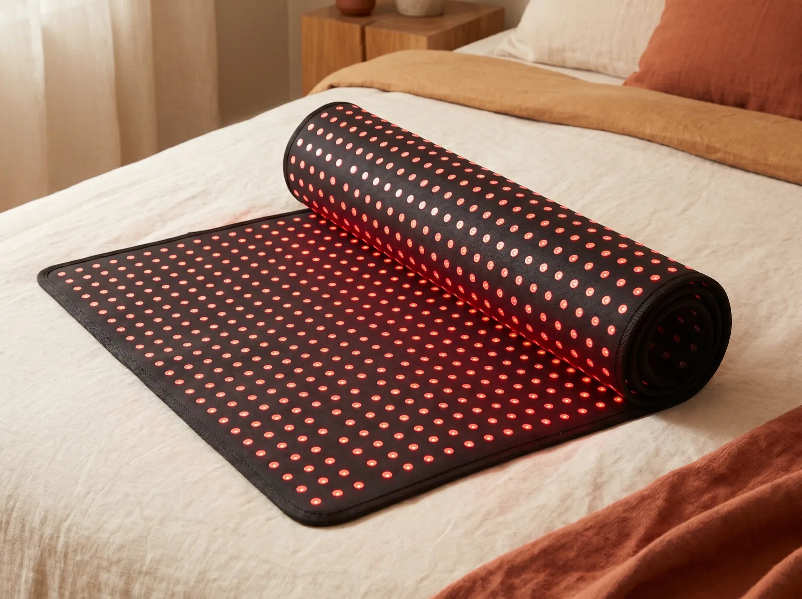 Full-body red light therapy mat partly rolled for storage