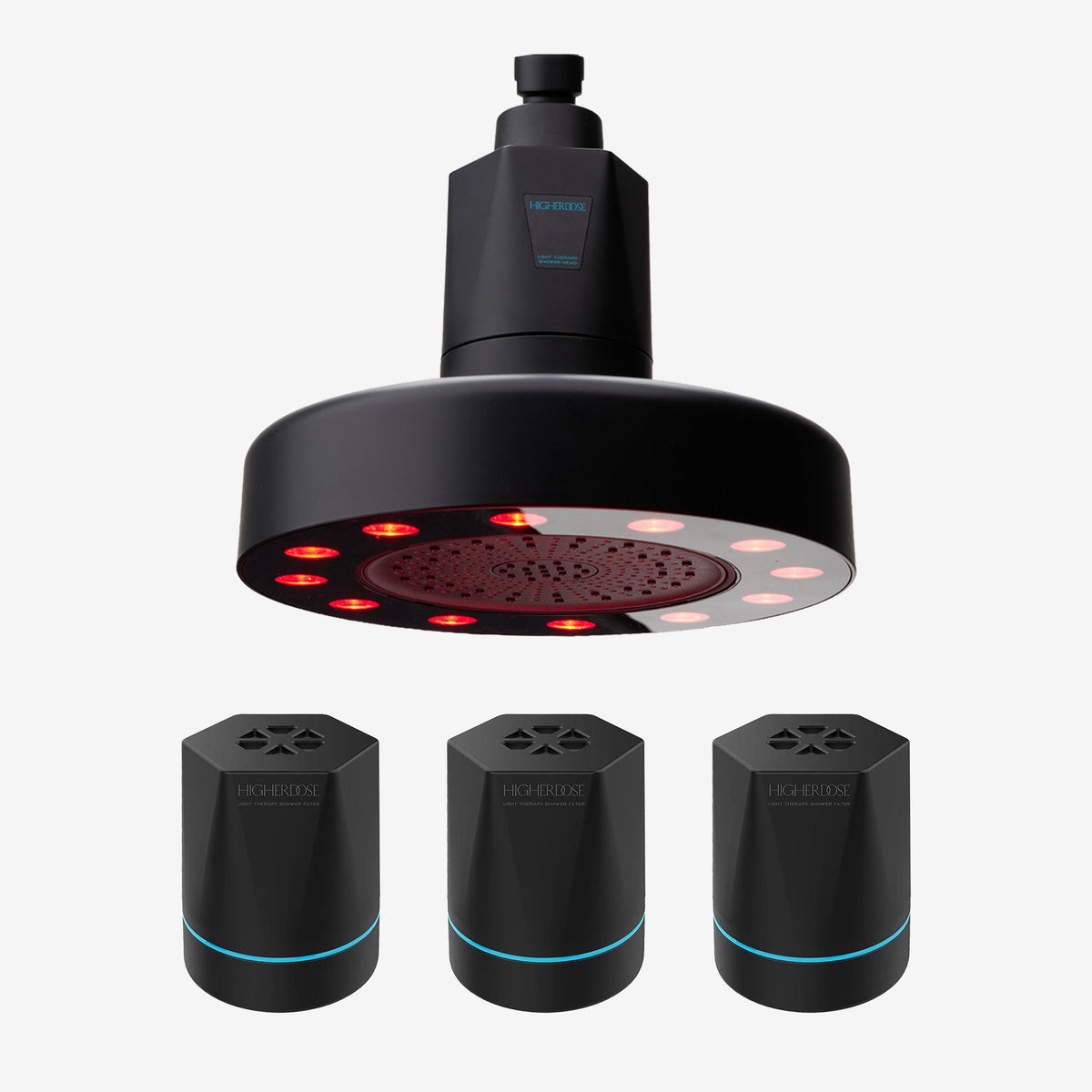 Black HigherDOSE red light showerhead with three replaceable filter cartridges