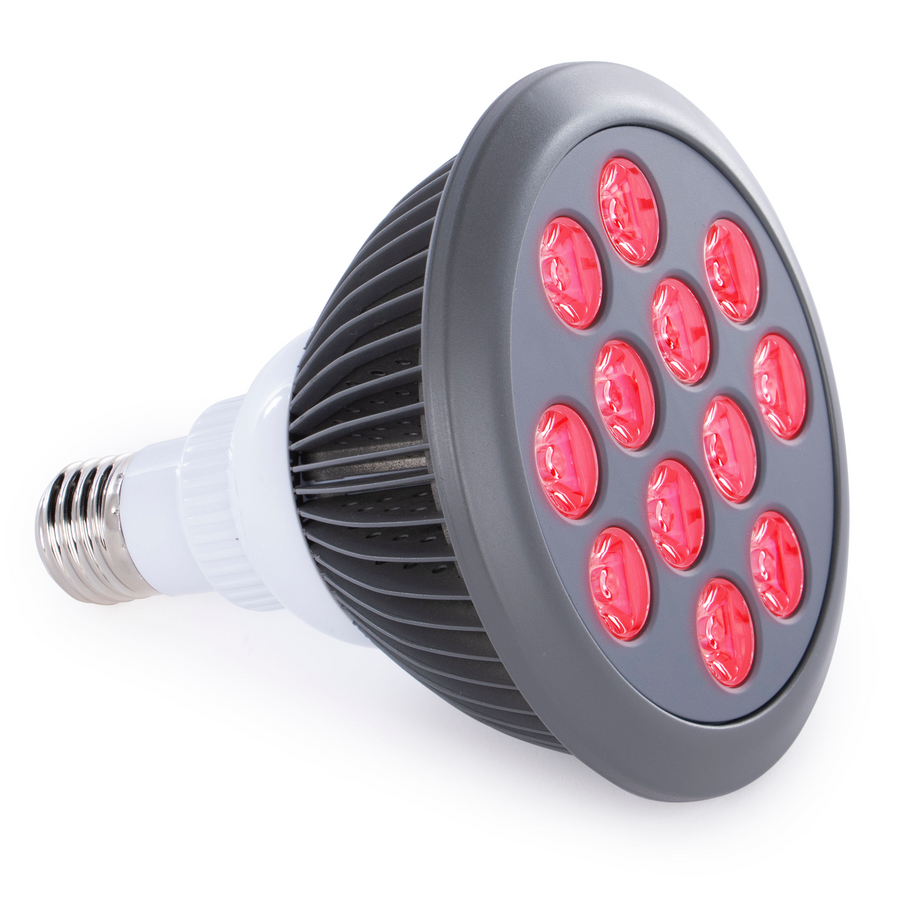 Hooga HG24 red light therapy bulb with a screw base and illuminated LED face