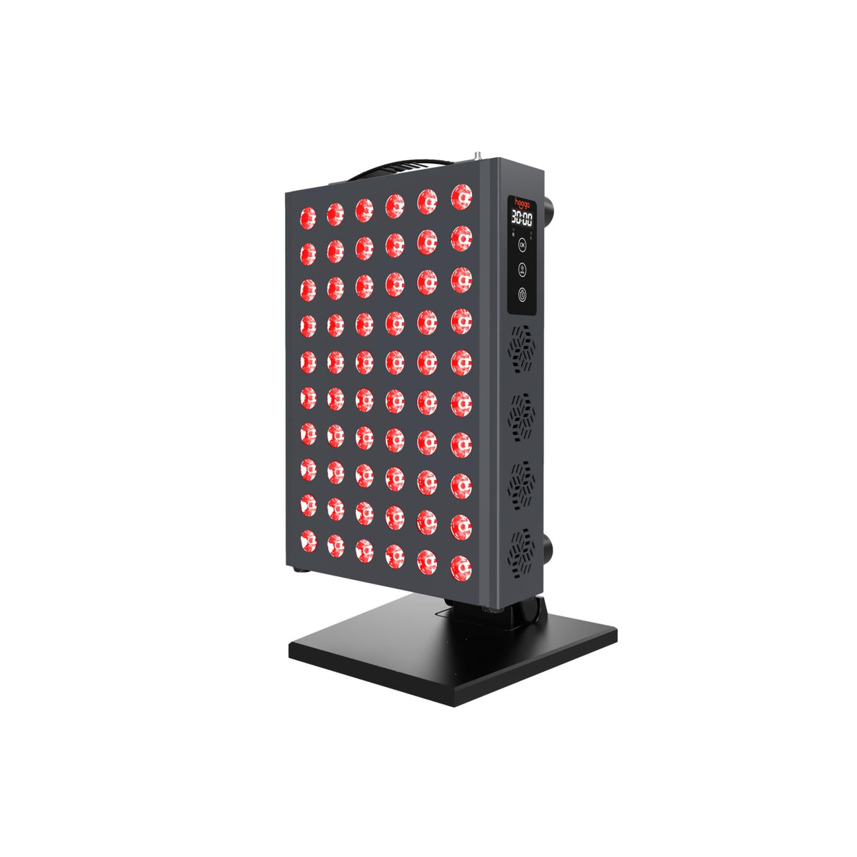 Hooga PRO300 light panel with red LEDs illuminated, shown on its stand.