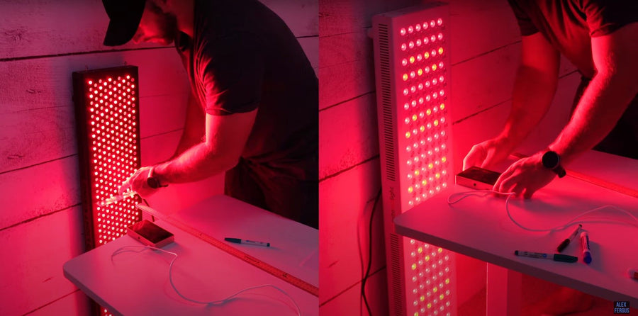A person using a spectrometer near an illuminated light panel.